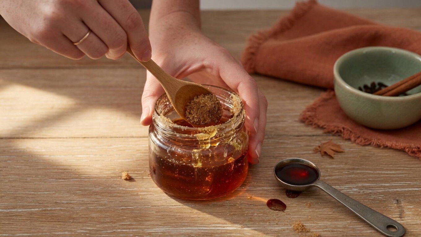 A chef mixing pure maple syrup and brown sugar in a glass jar to create a low FODMAP honey substitute — low FODMAP sweeteners recipe step