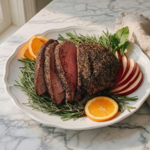 Flat lay of low fodmap meat herb-roasted beef safe for IBS diet