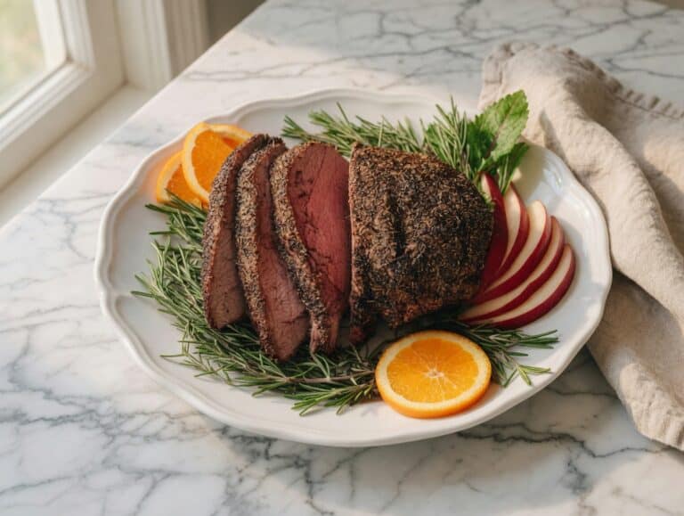 Flat lay of low fodmap meat herb-roasted beef safe for IBS diet