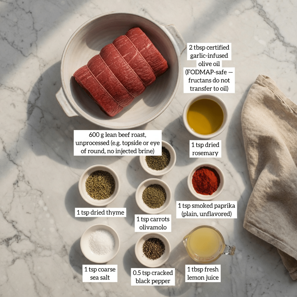Ingredients flat lay for low fodmap meat herb-roasted beef recipe