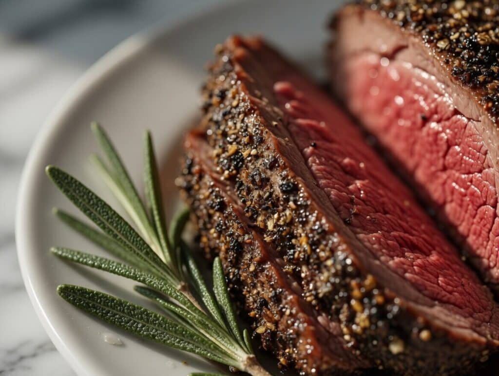 Plated 150g serving of low fodmap meat herb-roasted beef with safe IBS side dishes