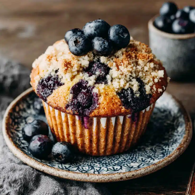 low FODMAP blueberry muffin, vertical image on aqua plate