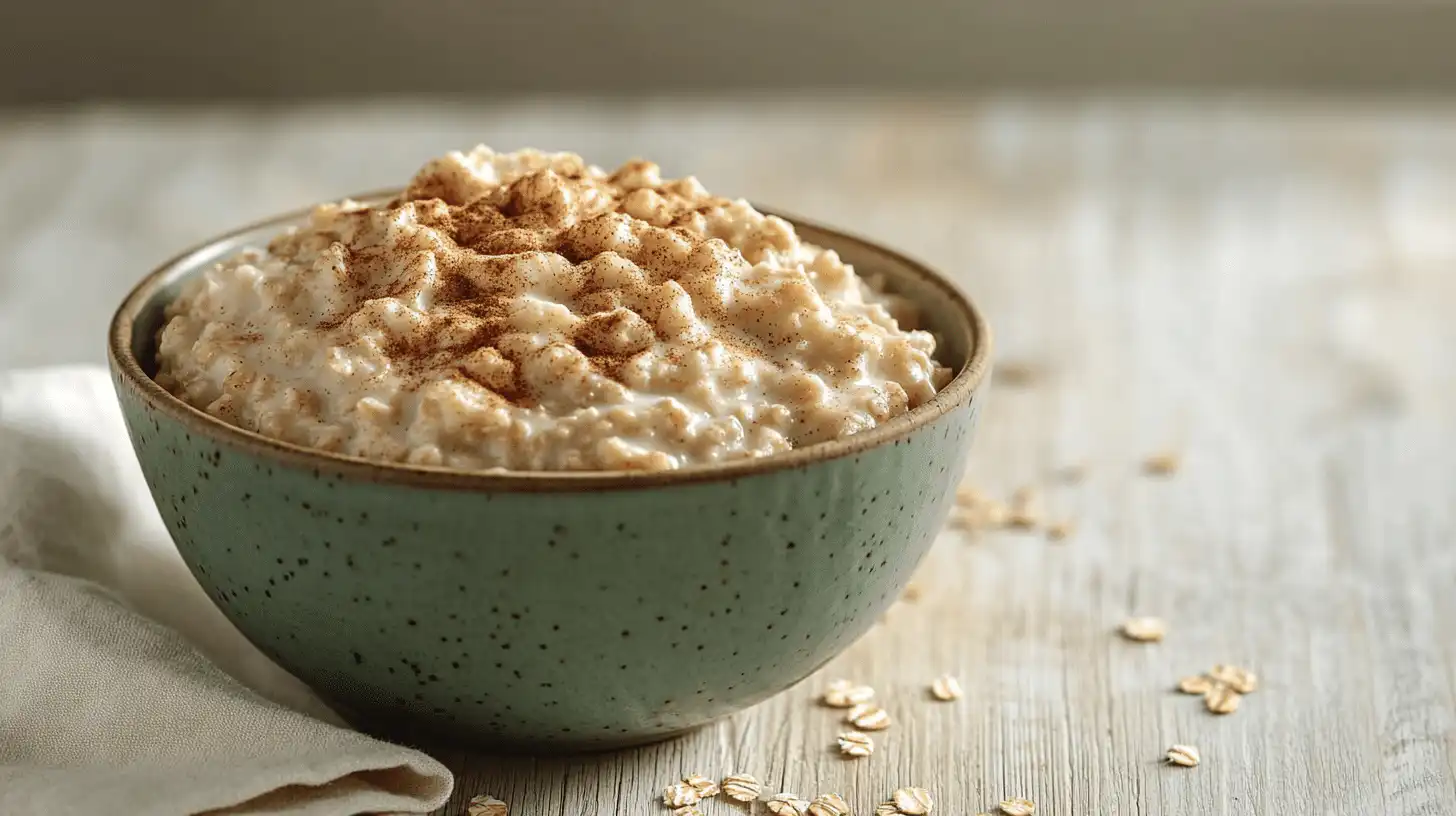 low FODMAP oatmeal bowl with cinnamon in sage green ceramic bowl on wood surface