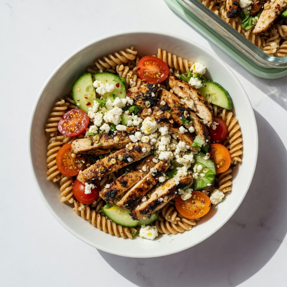 Grilled chicken breast added to low FODMAP pasta salad for high protein IBS-safe meal prep