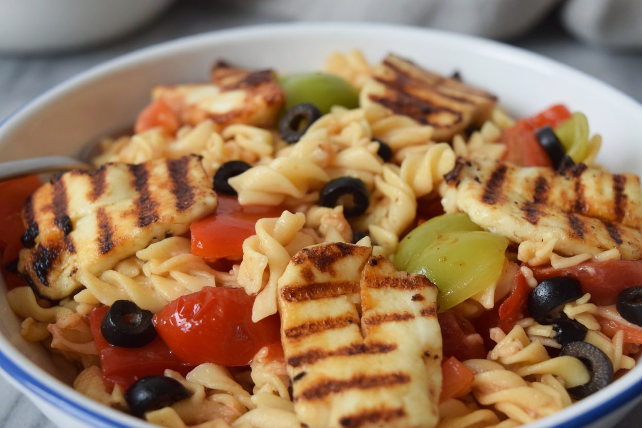 Overhead view of a low FODMAP pasta salad with brown rice noodles cucumbers and tomatoes in a ceramic bowl