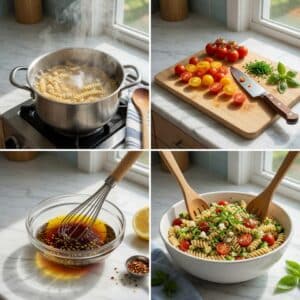 Step-by-step process of making low FODMAP pasta salad from boiling pasta to tossing with Mediterranean dressing