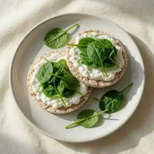 Low FODMAP rice cake snack topped with baby spinach and lactose-free cottage cheese on a white ceramic plate