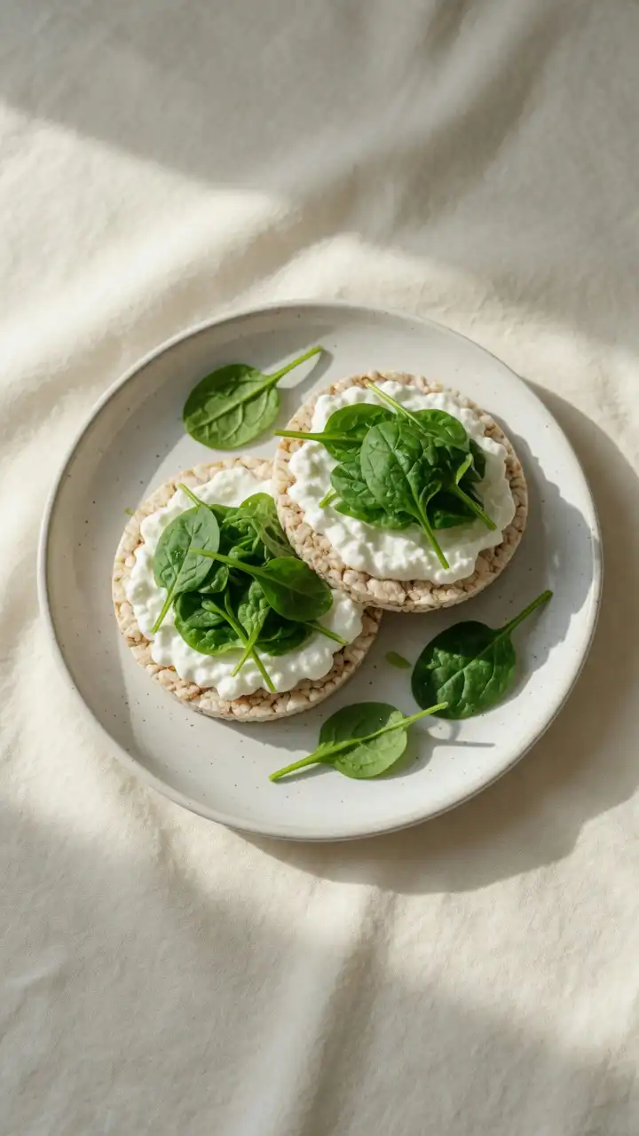 Low FODMAP rice cake snack topped with baby spinach and lactose-free cottage cheese on a white ceramic plate