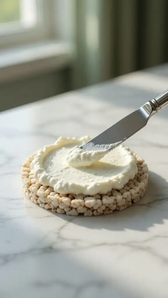 Step-by-step preparation of a low FODMAP rice cake spreading lactose-free cottage cheese on a plain brown rice cake