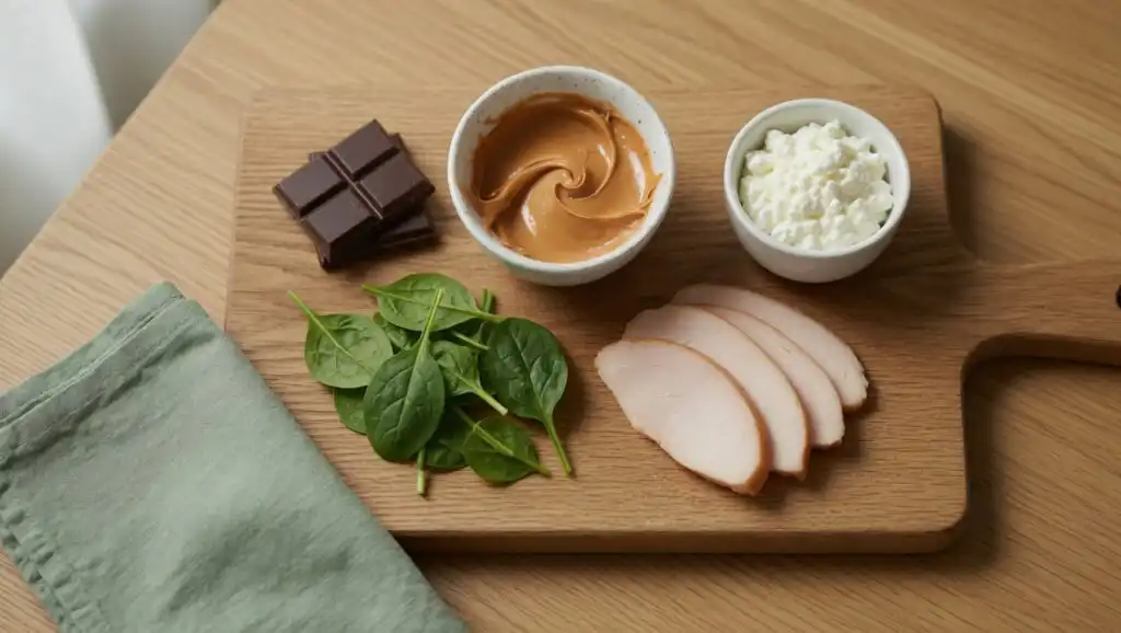 Low FODMAP rice cake topping options flat lay including natural peanut butter, dark chocolate, baby spinach, and lactose-free cottage cheese