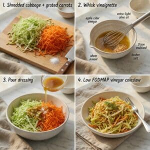Whisking low fodmap salad dressing with apple cider vinegar and olive oil in glass bowl