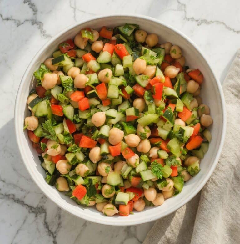 A bright bowl of fresh low fodmap salad with shredded green cabbage and carrots on a white marble counter