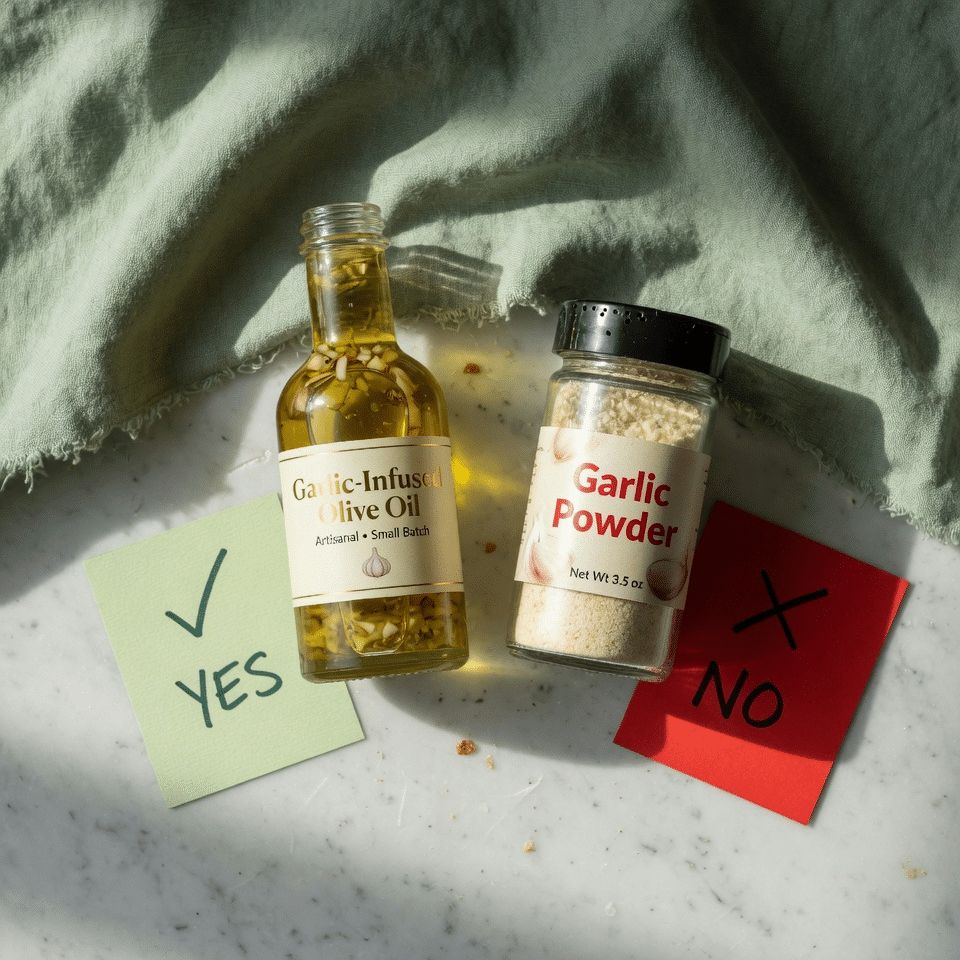 Comparison of garlic infused olive oil versus garlic powder for low FODMAP salmon cooking, IBS safety guide