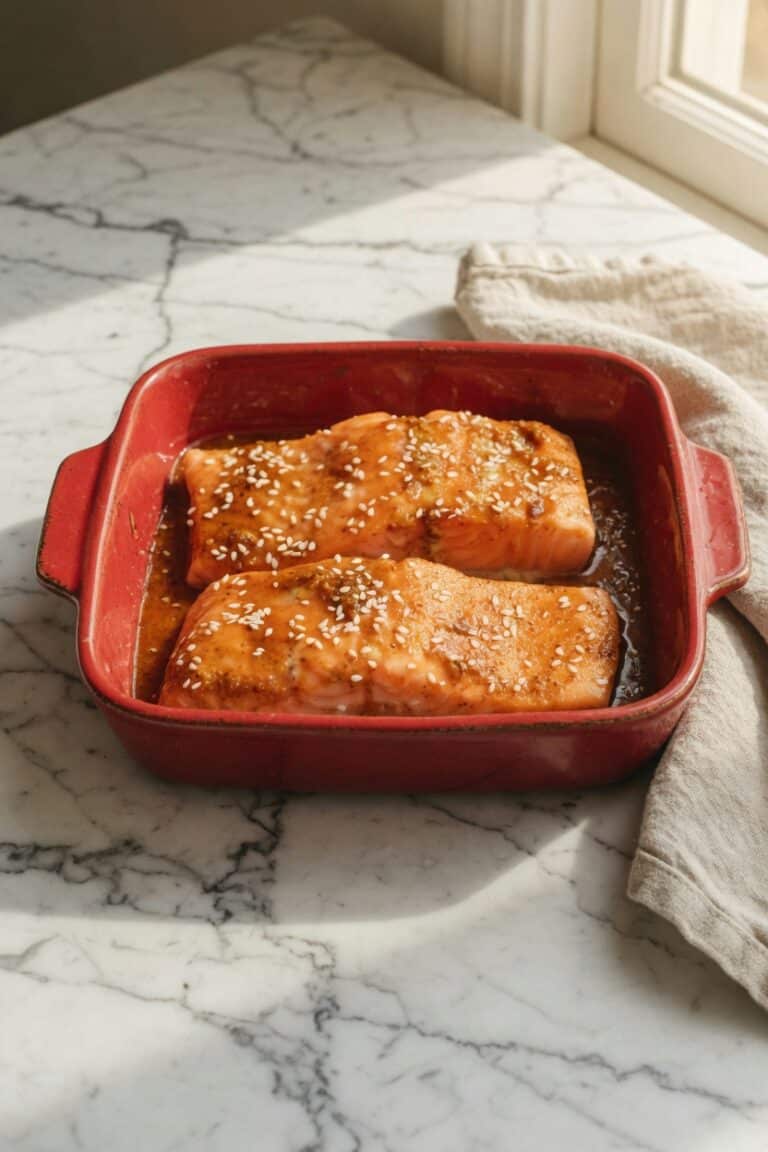 Low FODMAP salmon fillet baked with lemon and dill on a white plate, IBS-safe dinner recipe