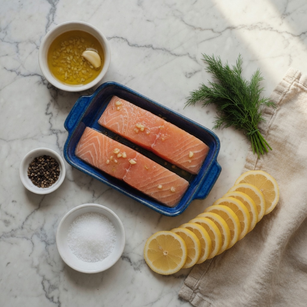 Low FODMAP salmon recipe ingredients flat lay with garlic-infused olive oil, lemon slices and fresh dill
