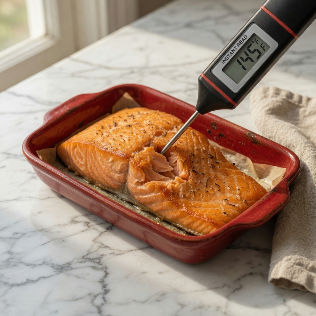 Thermometer reading 145°F inserted into baked low FODMAP salmon fillet, food safety for IBS patients