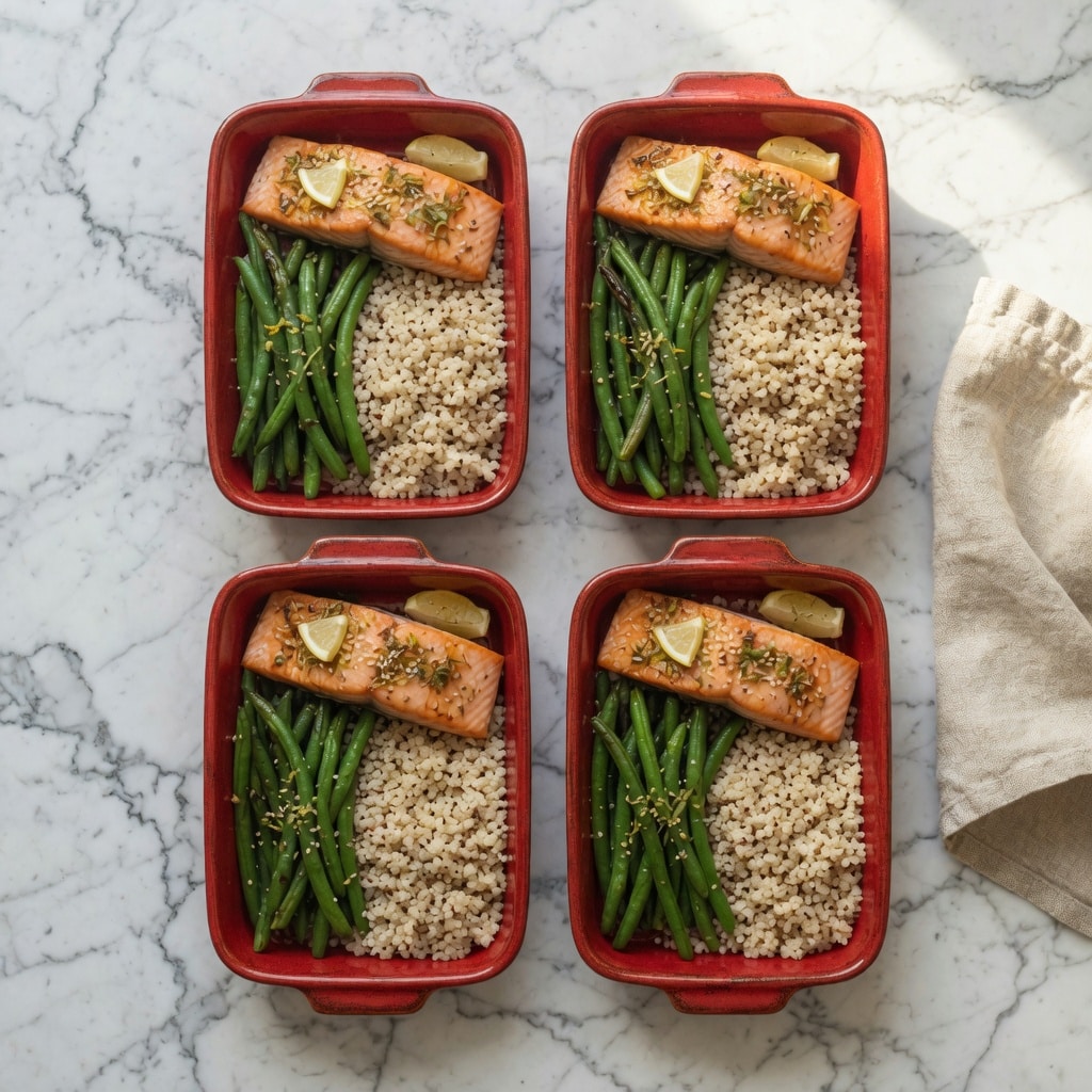 Glass meal prep containers with portioned low FODMAP salmon fillets, quinoa and green beans for IBS-safe lunches