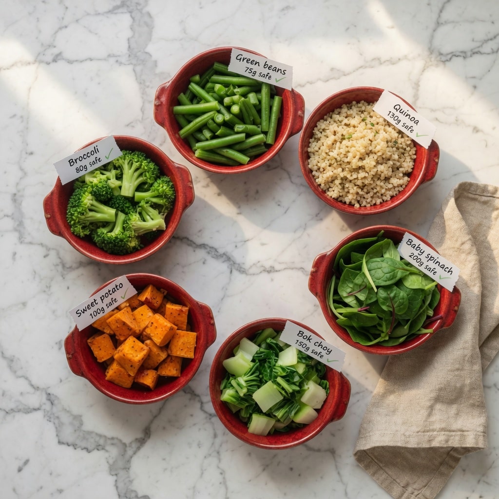 Low FODMAP salmon plated with green beans and quinoa showing safe FODMAP stacking portion sizes for IBS
