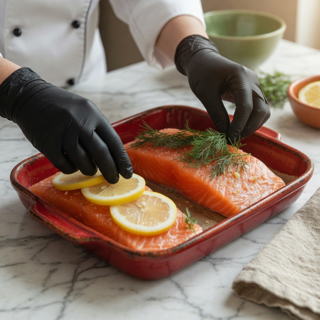 Placing fresh dill and lemon slices on raw low FODMAP salmon fillets before baking, IBS-safe preparation