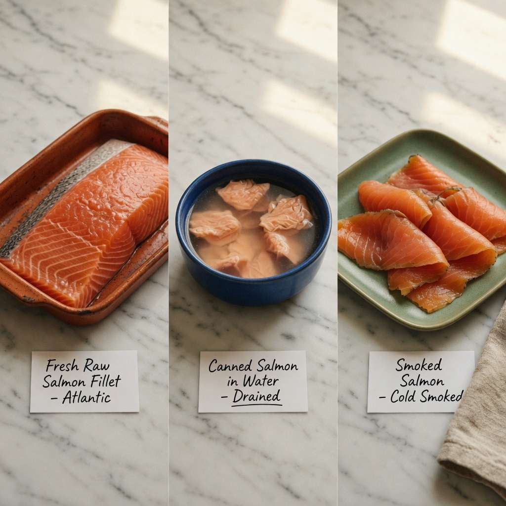 Three types of low FODMAP salmon: fresh fillet, canned salmon, and smoked salmon with FODMAP safety labels