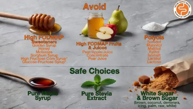 A professional flat lay of clinically safe low FODMAP sweeteners including pure maple syrup, brown sugar, and fresh stevia leaves on a marble surface — low FODMAP sweeteners guide