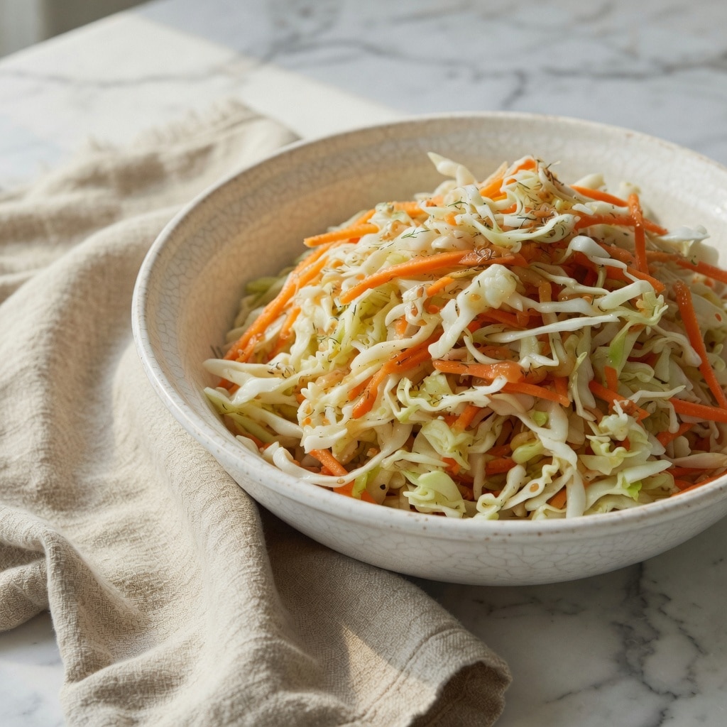 Low fodmap vinegar coleslaw salad in white bowl with shredded cabbage and carrots glistening with dressing