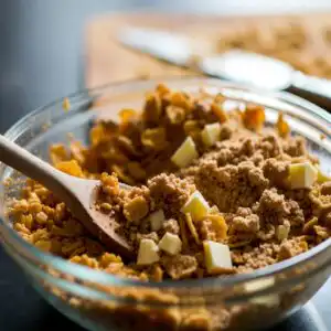 Mixing low FODMAP strawberry rhubarb crumble topping in bowl