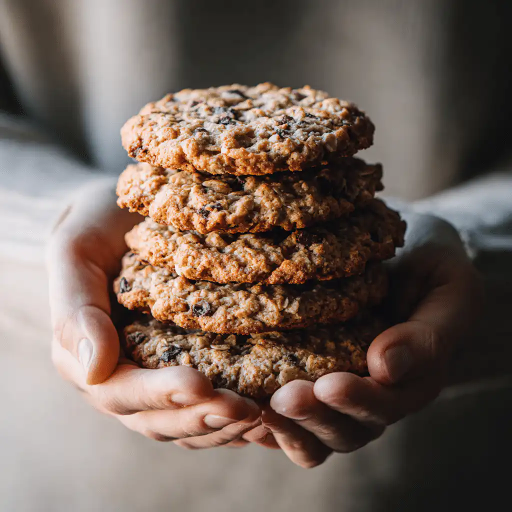 A tall stack of chewy low FODMAP oatmeal chocolate chip cookies held in hands