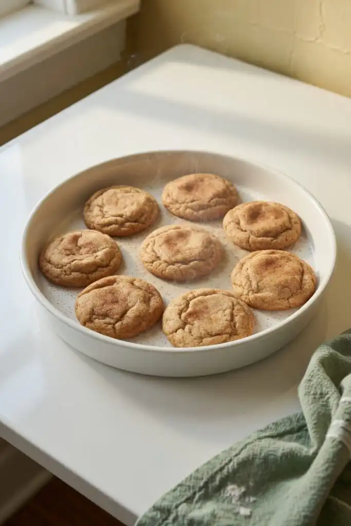Baked low FODMAP vegan snickerdoodle cookies resting on a hot baking sheet
