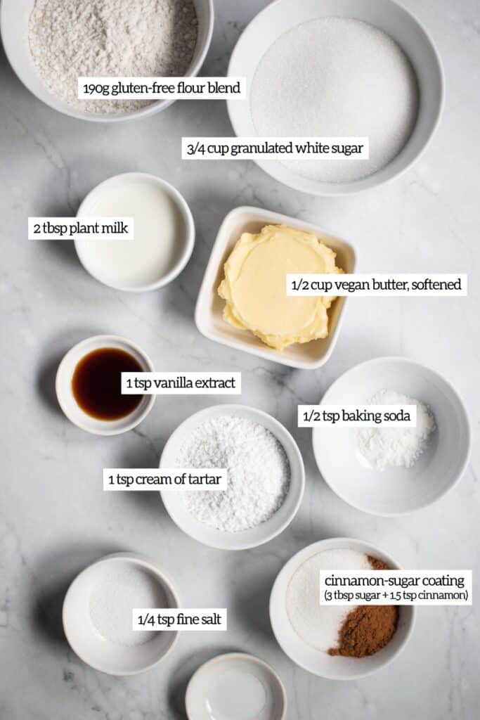 Flat lay of gluten-free flour, cinnamon, and dairy-free butter for low FODMAP vegan snickerdoodle cookies