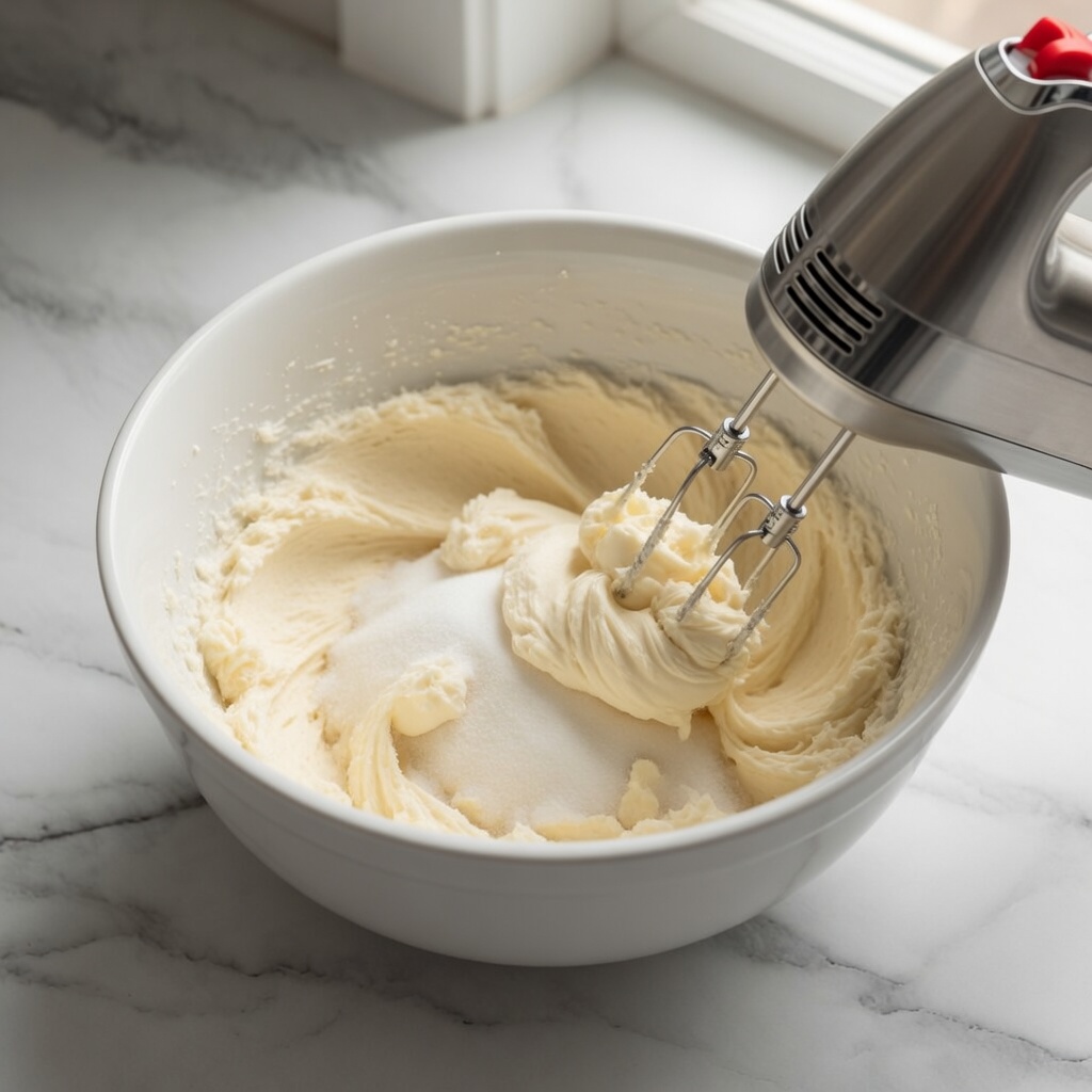 Creaming vegan butter and sugar in a mixing bowl for low FODMAP vegan snickerdoodle cookies