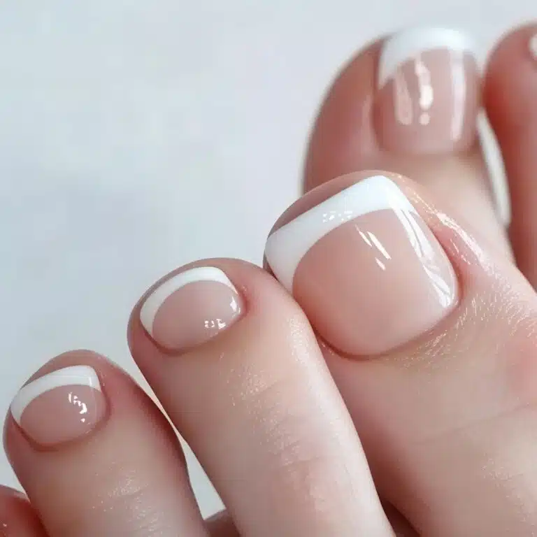 Structured acrylic pedicure with a glossy nude pink base and crisp white tips.