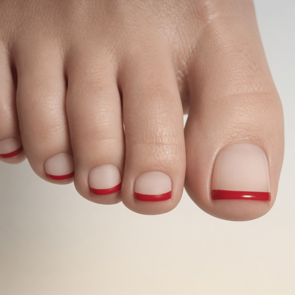Dark red French tip toes with burgundy tips, a glossy sheer base, and short square toenails