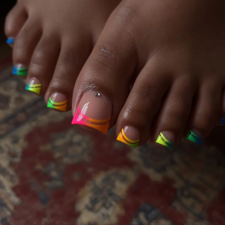 Colorful toe tips with a glossy summer pedicure finish.