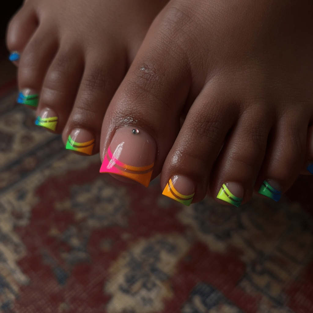 French tip toes with color featuring bright neon tips and a glossy summer pedicure finish