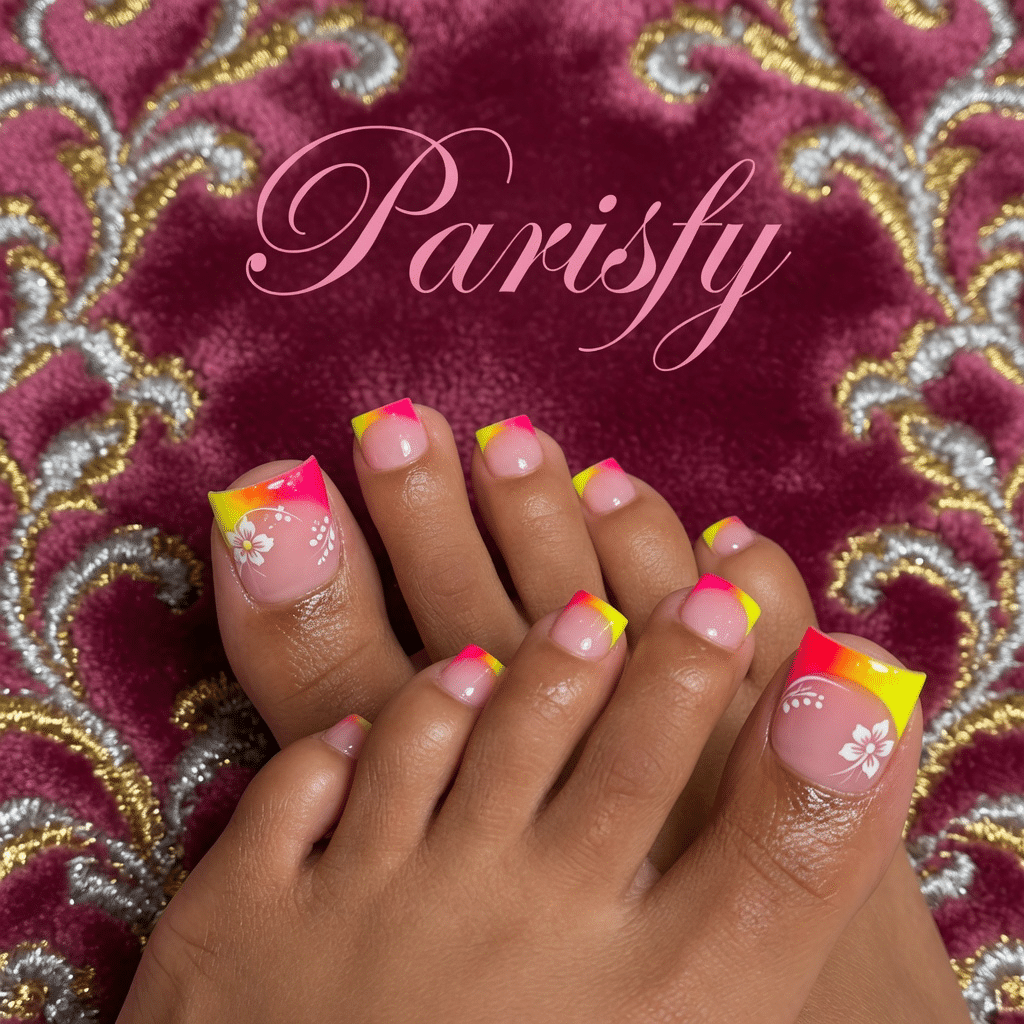 Neon French tip toes with color for a fun summer pedicure idea
