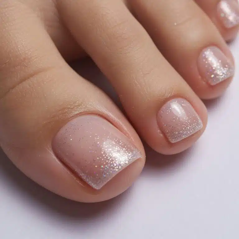 Glitter accent pedicure on a sheer nude or pink translucent base.