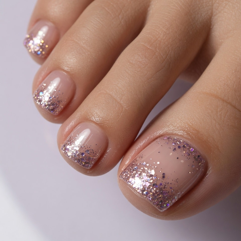 Full glitter french tip toes with chunky iridescent silver tips on a milky base pedicure