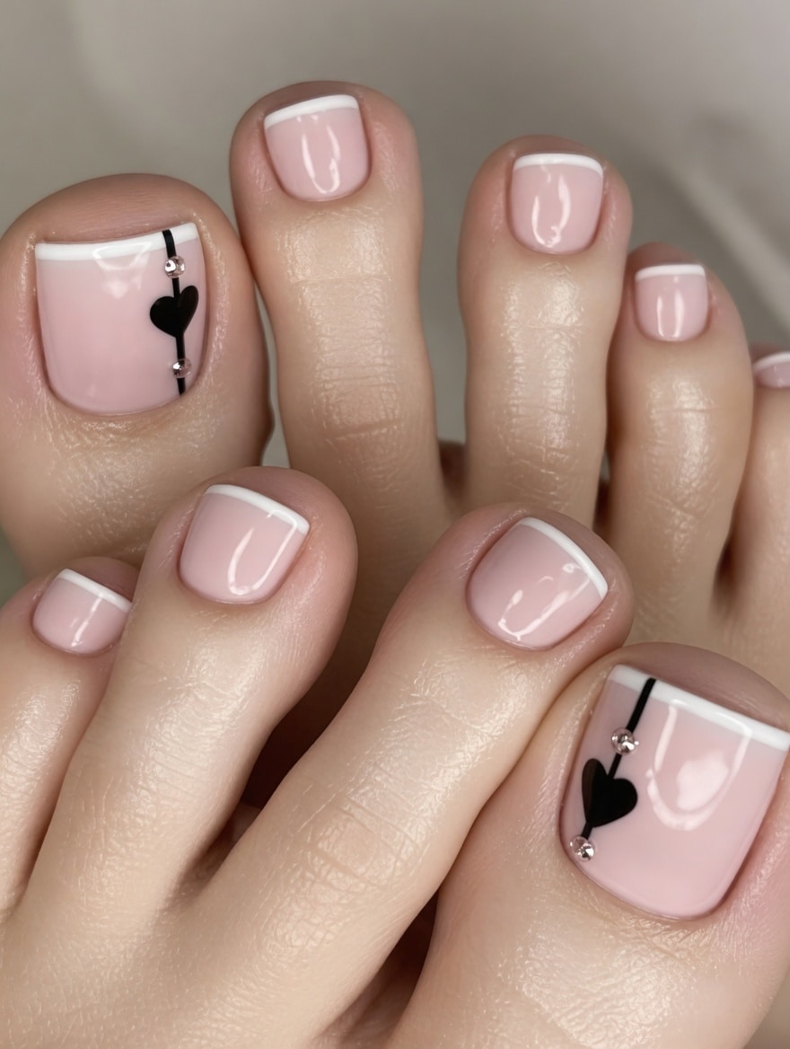 Pink base French tip toes with a small black accent detail on the big toe