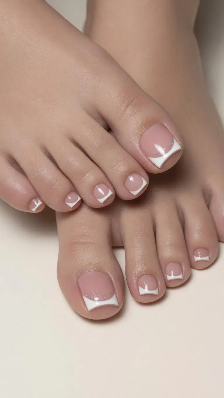 Square toe nails with a glossy milky pink base and crisp white tips.