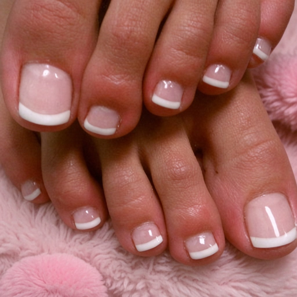 White French tip nails and toes on a pink background with a glossy clean finish.