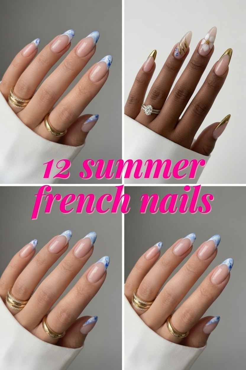12 summer french nails collage showing four French tip manicure ideas for warm-weather nail inspiration