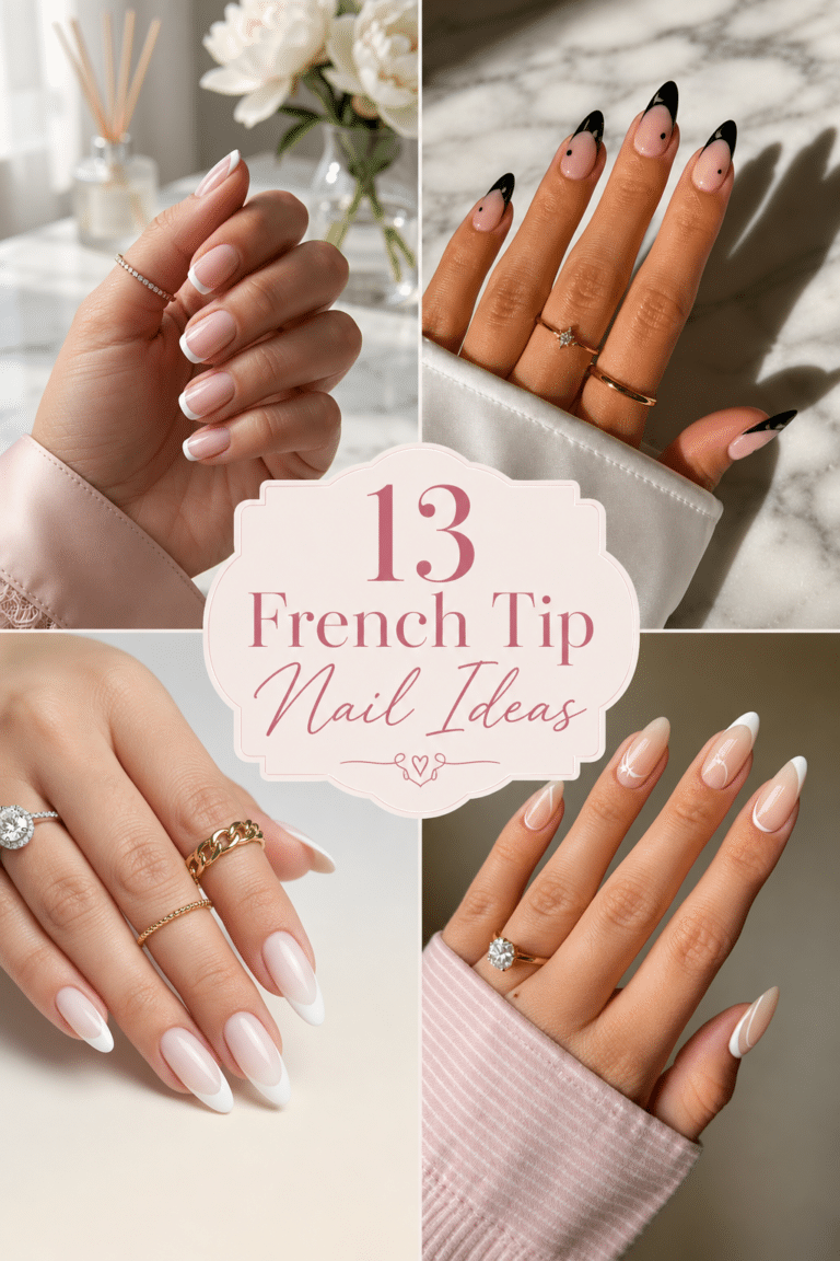 French tip nail ideas collage featuring classic white, pink, black, colored, short, almond and acrylic French tip nails