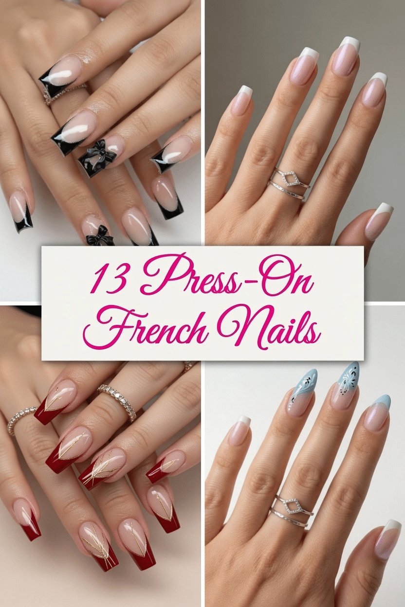 Collage of press-on French nails featuring black, pink, red, and nude French tip styles with 13 Press-On French Nails text.