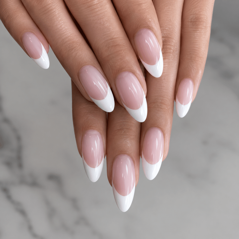 Acrylic almond French tip nails with a sheer pink base and clean white tips