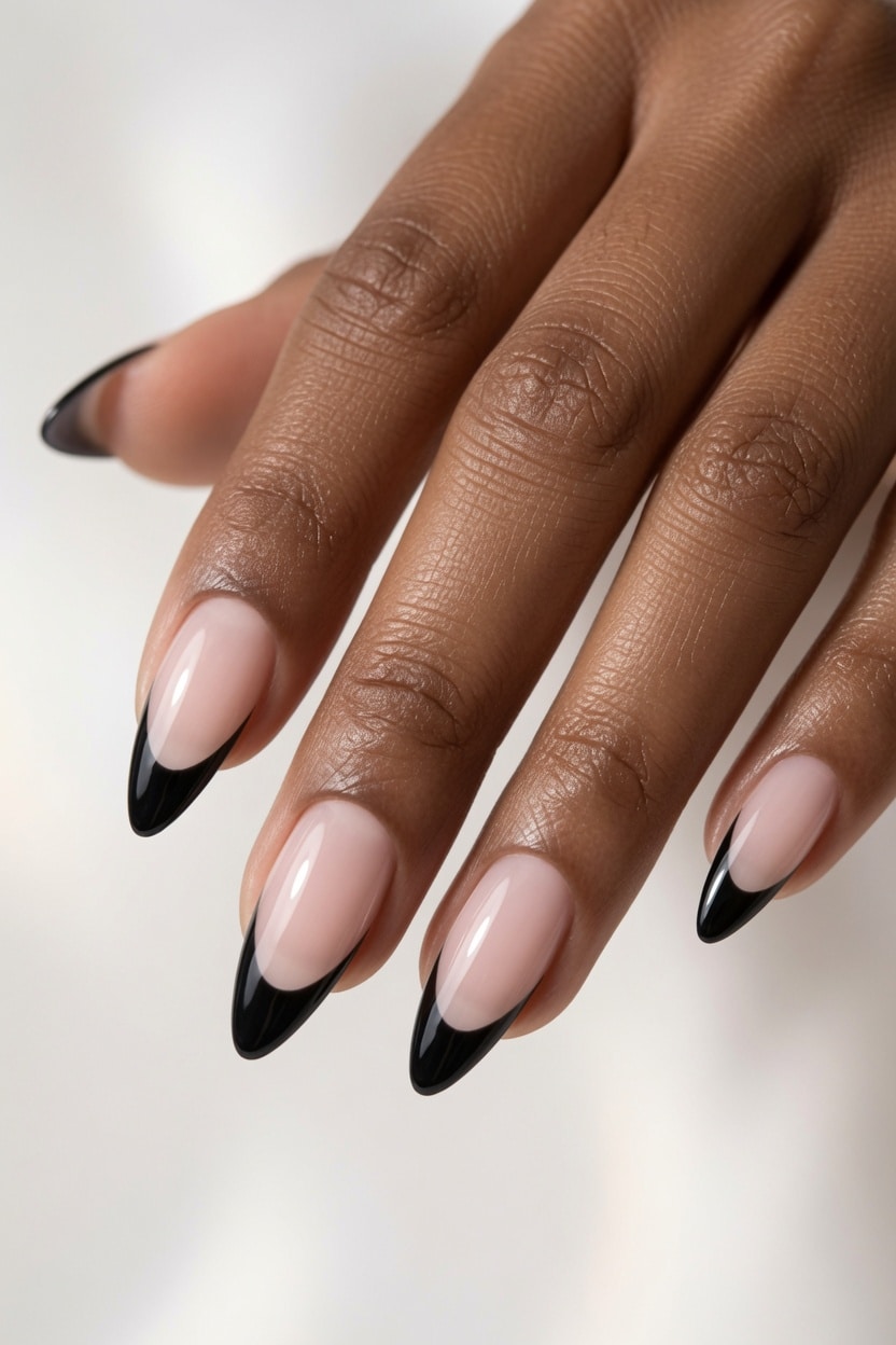 Almond shaped black French tips on a medium skin tone.
