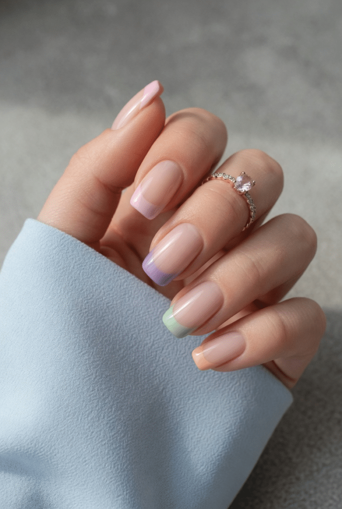 Almond colored French tip nails with soft multicolor tips and nude base