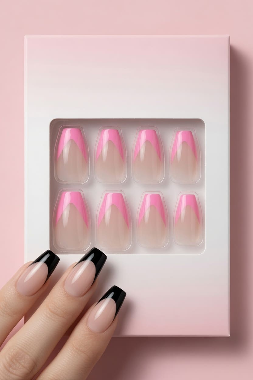 Two hands displaying almond shaped pink French tip press on nails.