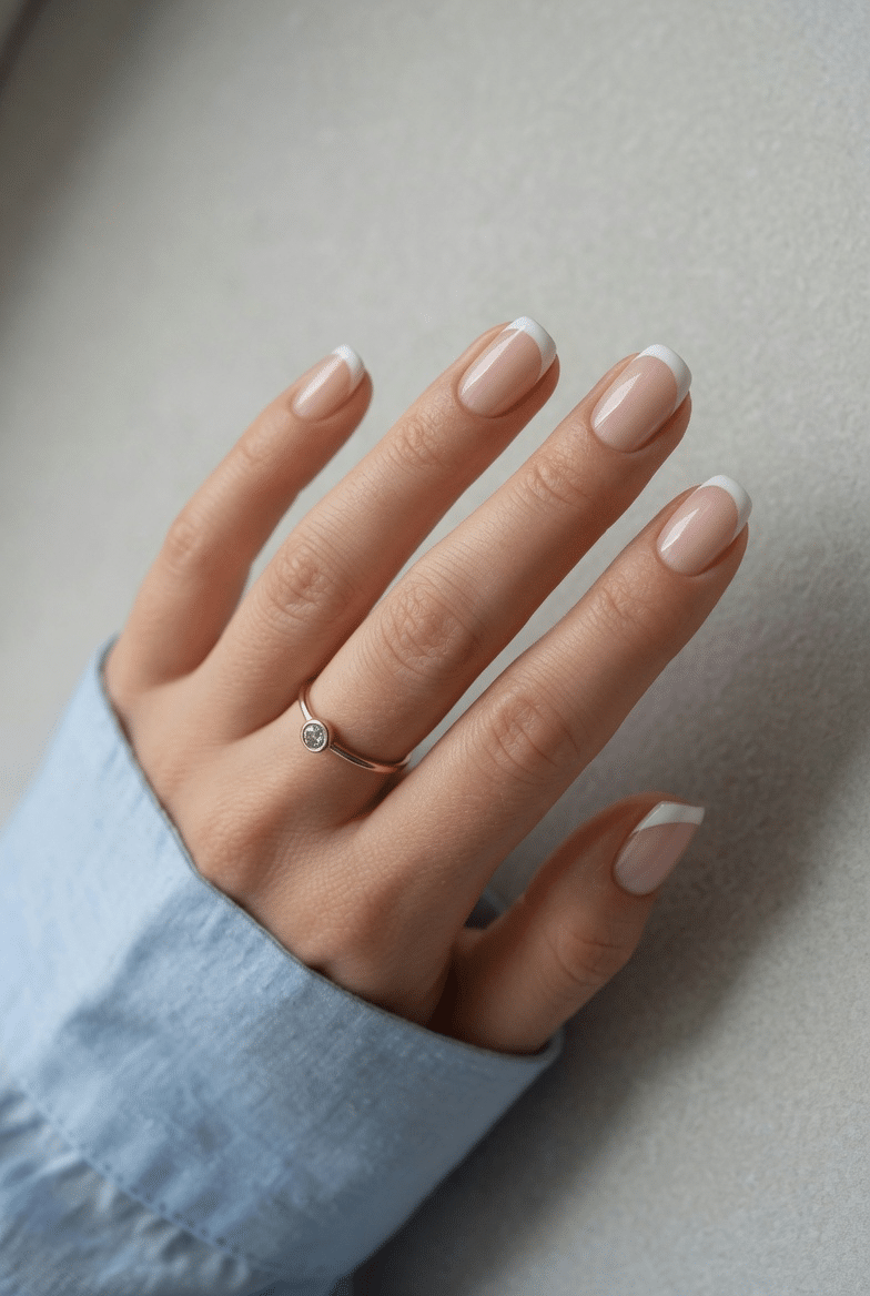 Almond nails with elegant white French tips and a soft nude base