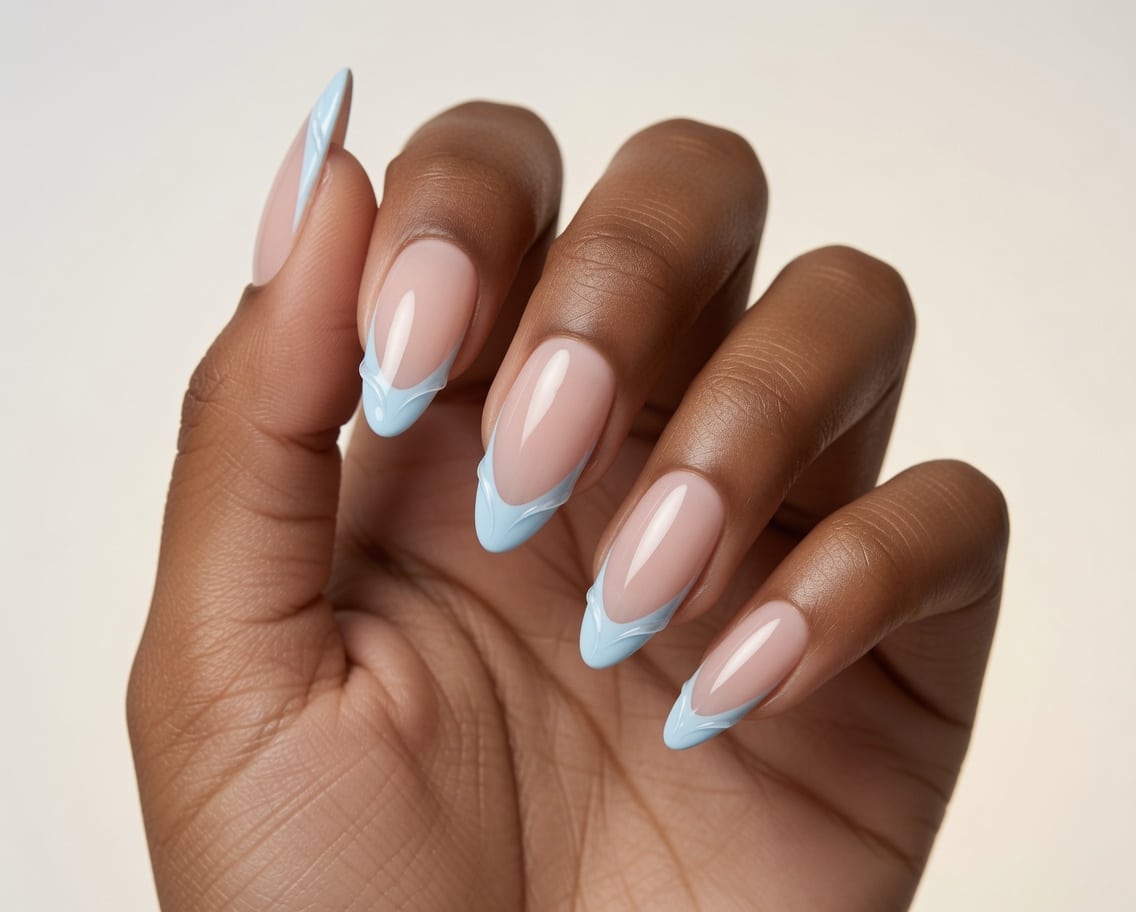 Baby blue almond French tip nails on a nude pink base